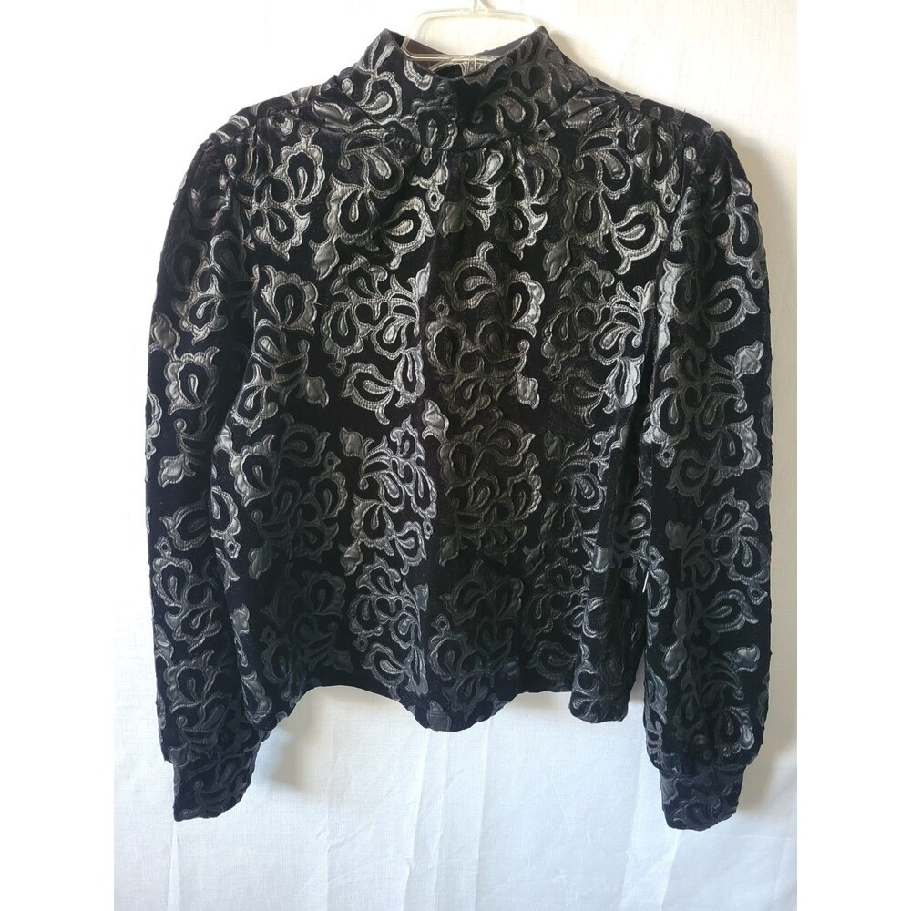 Calligraphie Women's Black Faux Leather Floral Mock Neck Long Sleeve Blouse XL
